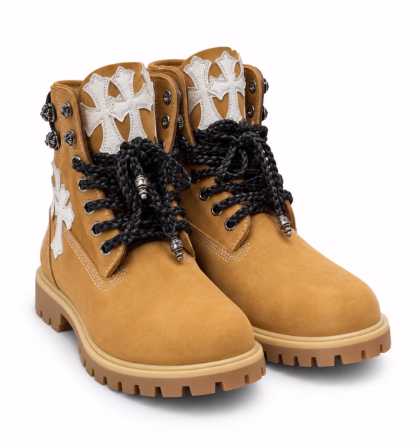 Chrome Hearts White Cross Patch Lace-Up Wheat Boots