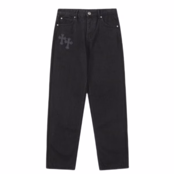 cross-distressed Chrome Hearts jeans