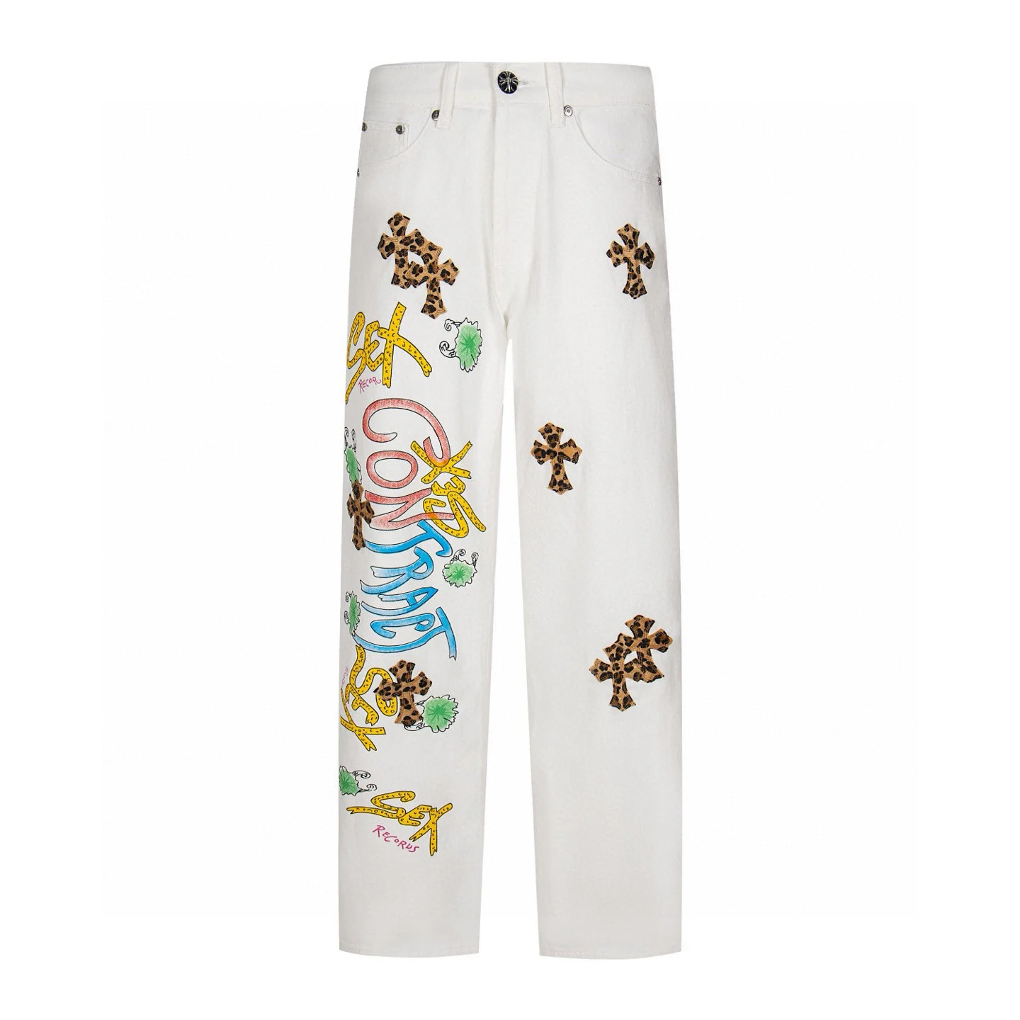 White Chrome Hearts Leopard Cross Graphic Jeans