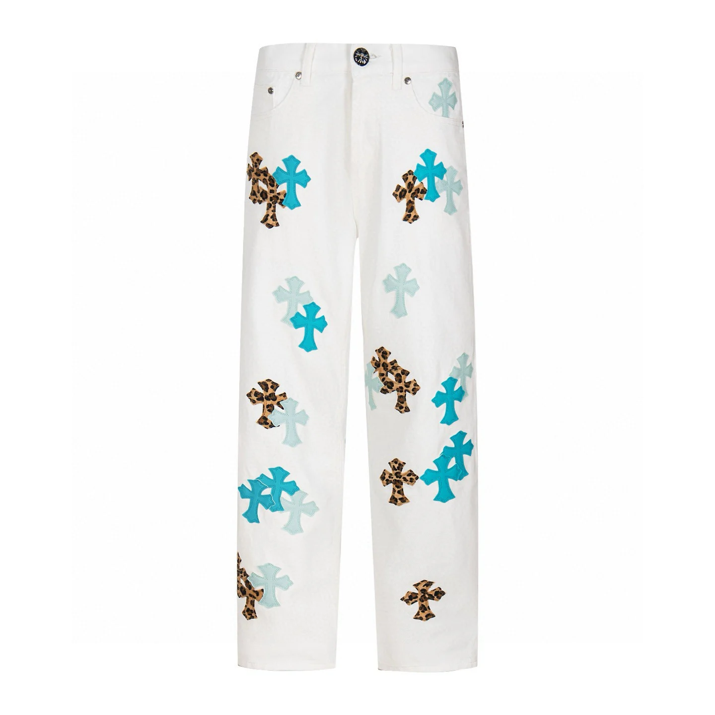 Chrome Heart White Aqua Leopard Cross Patch Jeans
