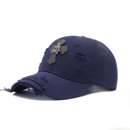 Chrome Hearts Cross Navy Black Distressed Baseball Cap