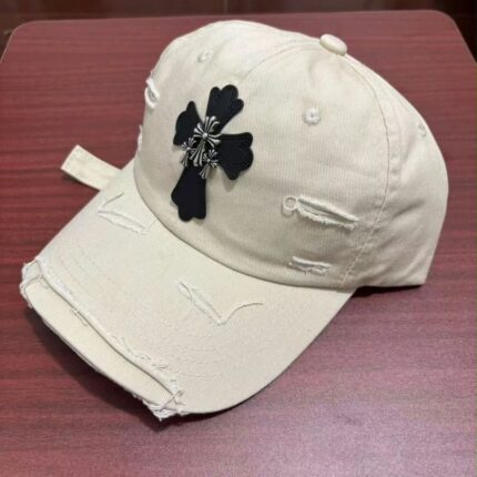 Chrome Heart Ivory Black Cross Distressed Baseball Cap