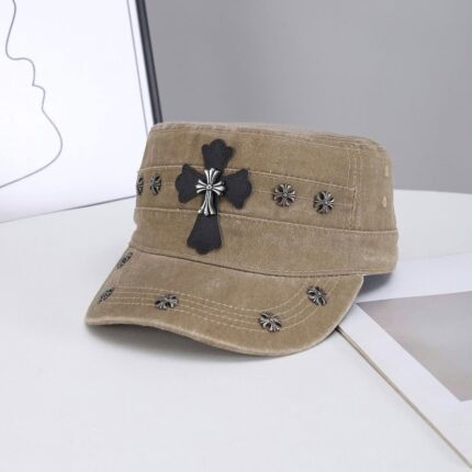 Chrome Heart Khaki Black Cross Studded Military Cap