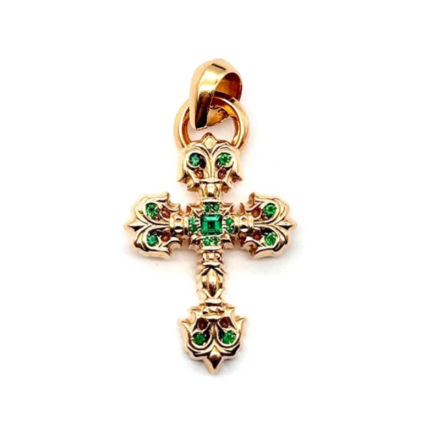 22K Gold Emerald Filigree Cross Large Charm Pendant