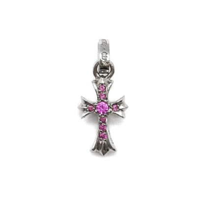 18K White Gold Pink Saph Babyfat Cross Charm Pendant