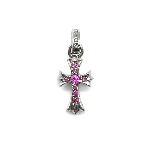 18K White Gold Pink Saph Babyfat Cross Charm Pendant