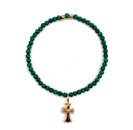 4mm Malachite 22K Gold Cross Pendant Bracelet