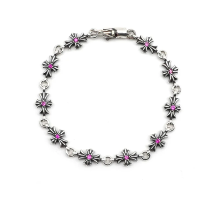 Tiny E Silver Pink Diamonds Cross Bracelet