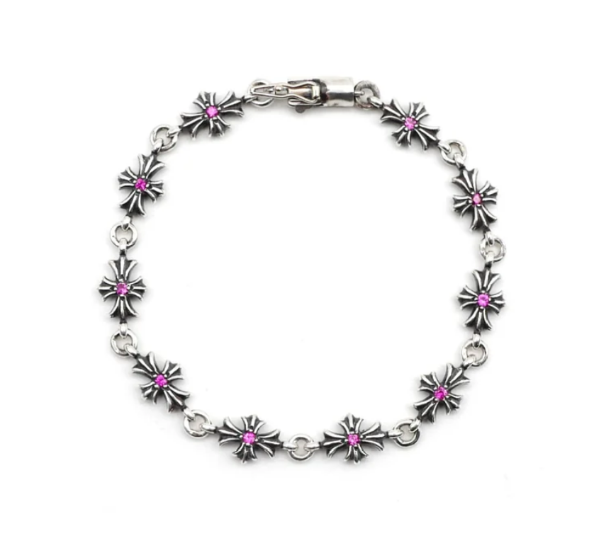 Tiny E Silver Pink Diamonds Cross Bracelet