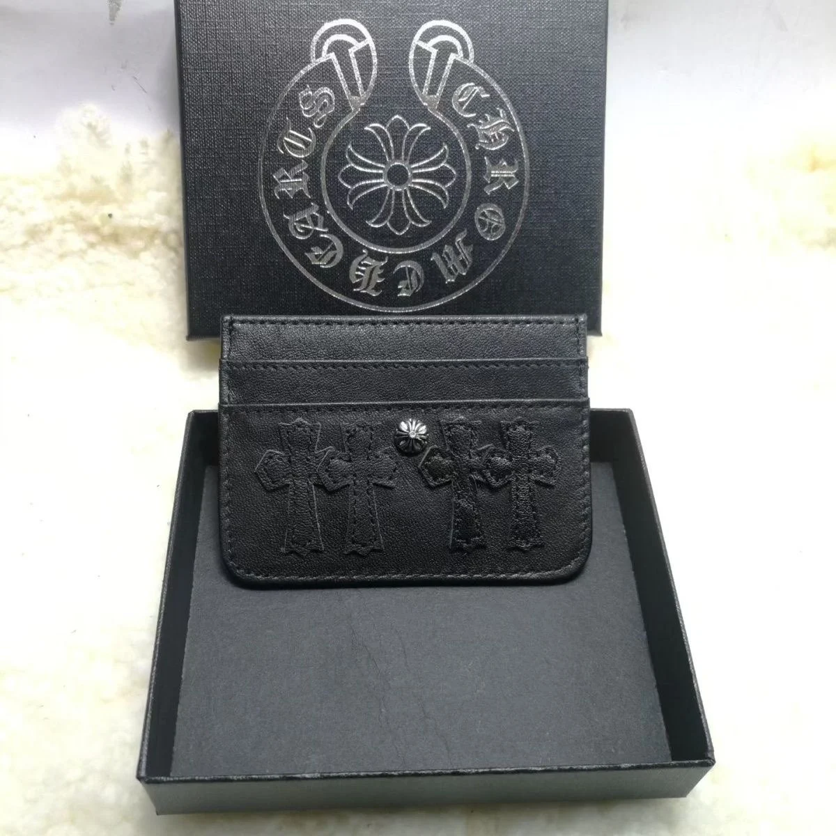 Chrome Hearts Embossed Leather Black Cross Card Holder